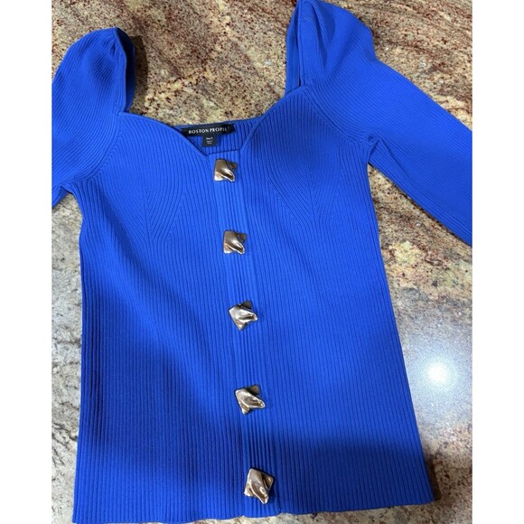 Boston Proper Sweater. Boho, Cottagecore Knit Royal Blue Small Sweetheart Neck - Picture 7 of 14